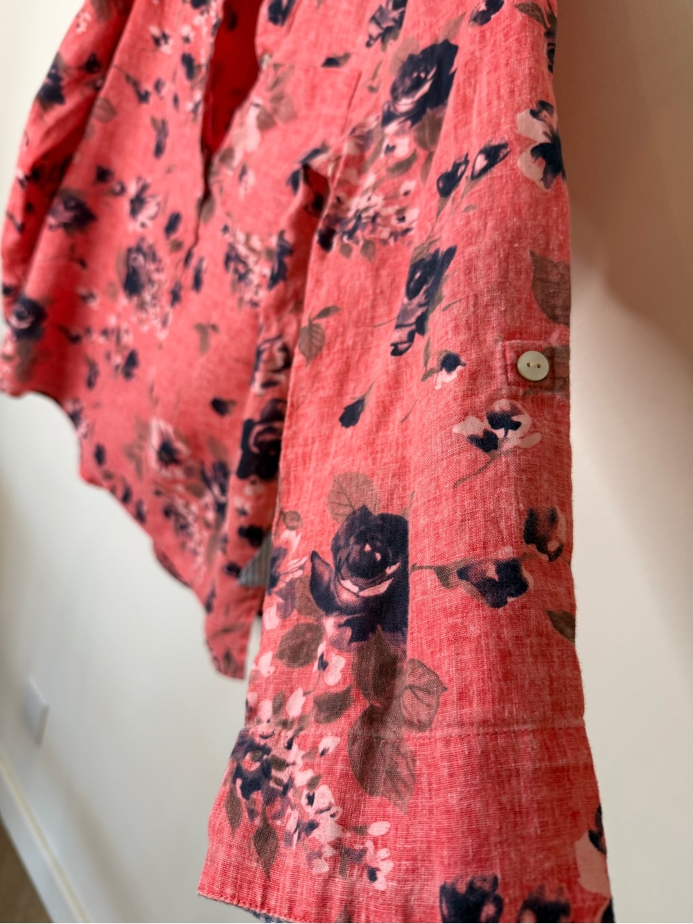 John Mark Coral Floral Band-Collar Tunic Top Linen Pink coral 3/4 sleeve Medium - Picture 5 of 11